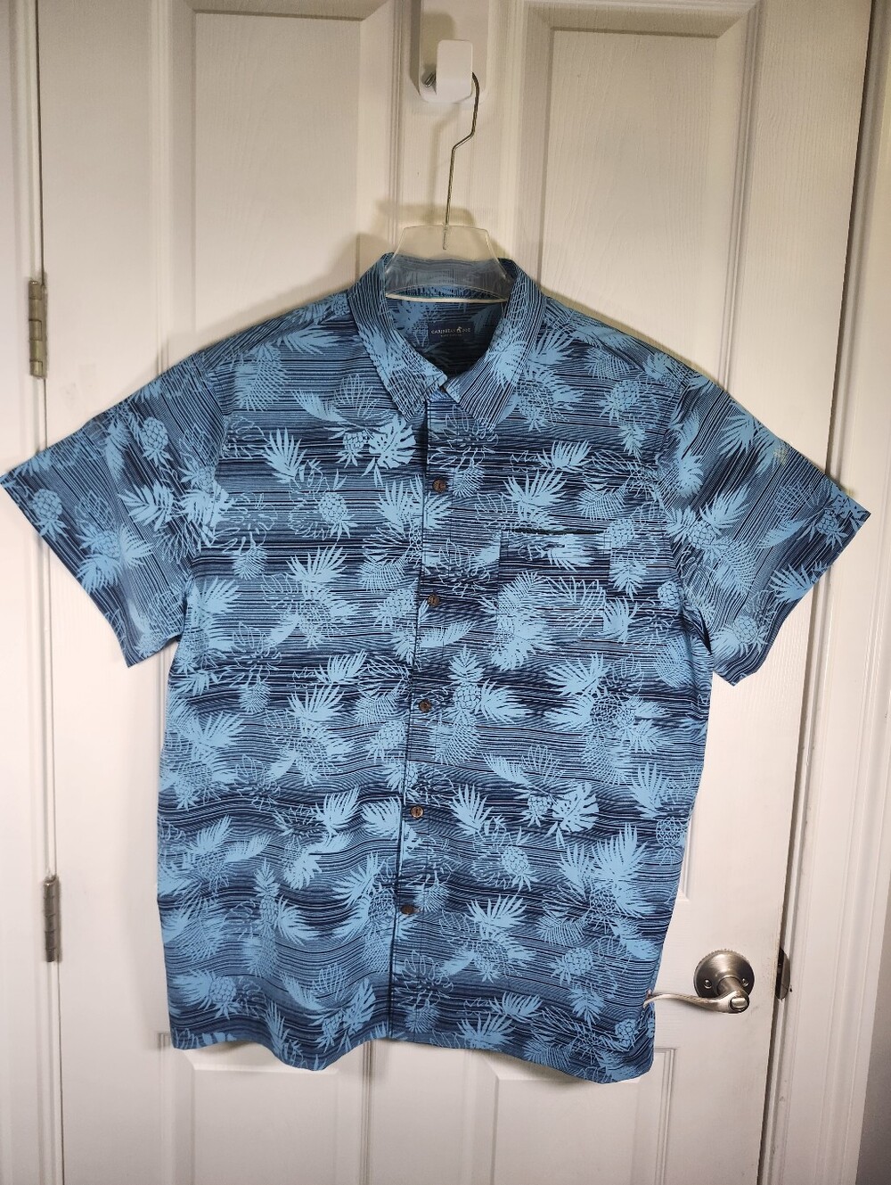 Carribean Joe Blue Tropical Palm Tree Print Collard Short SL Button Shirt S XXL